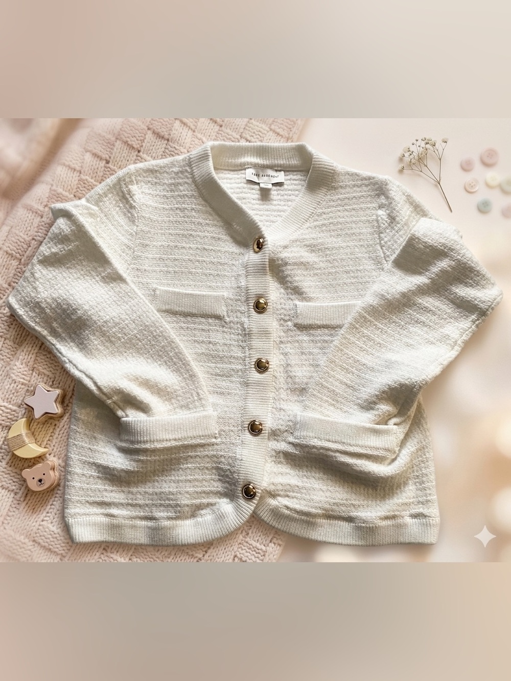 Free Assembly white Knit Button-Up Cardigan with Gold Buttons SZ S,